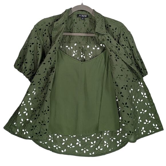 J.Crew Mozy Green Eyelet Top Sz 4 Puff Sleeve Boho Earthy Lagenlook Blouse - Picture 2 of 14
